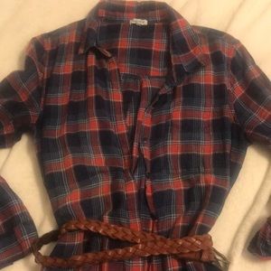 Splendid Shirt Dress XS Plaid Belted Navy Red
